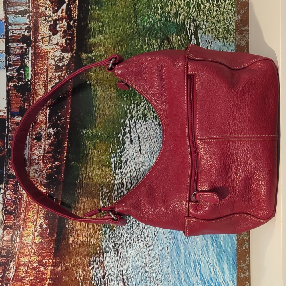 Genuine red pebbled leather hobo style shoulder bag